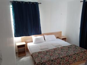 a bedroom with a bed and a blue curtain at Mountain view Appartment in Quatre Bornes