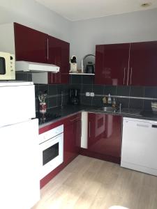 a kitchen with red cabinets and white appliances at VILLA LOZELOUX n 2 in Le Mont-Dore +17 photos