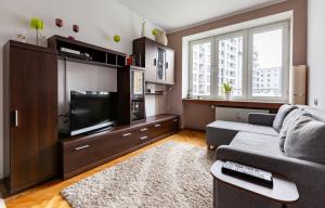 un soggiorno con un divano e una TV di Marina Harmony Apartment by BookingHost a Gdynia