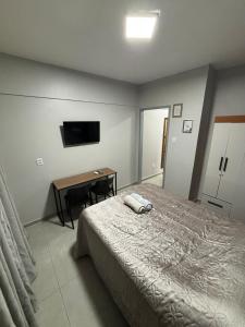 阿雷格里港APARTAMENTO CENTRO, SANTA CASA, UFRGS, UFCSPa的一间卧室，配有一张床、一张书桌和一台电视机