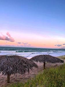 two straw umbrellas on a beach with the ocean at Recanto Mar & Sol in Canguaretama