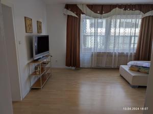 a living room with a television and a large window at Dreibettzimmer mit Gemeindschaftsbad in Vlotho