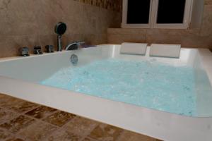 a bath tub filled with blue water in a bathroom at Le Manguier, Apartment & Spa in Oberhaslach +34 photos