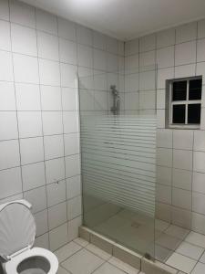 a bathroom with a shower and a toilet at The Breeze Villa in Willemstad