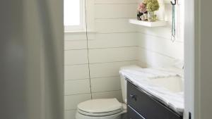 une salle de bains avec toilettes et lavabo dans l'établissement The Loon And The Wren, à Cape May Point 20 autres photos