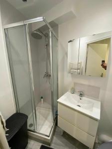 Un baño con ducha, lavabo y espejo. en Zola Saint Ouen, en Saint-Ouen