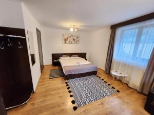 布什泰尼Casa Teleferic的一间卧室,里面有一张床和一扇大窗户。