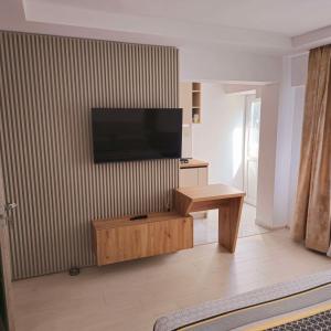 un salon avec une télévision à écran plat sur un mur dans l'établissement Downtown Studio, à Râmnicu Vâlcea