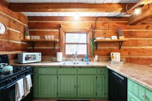a kitchen with green cabinets and a sink at Outdoors Sleeps7 Family Getaway Fun Arcade Villa in Rockbridge