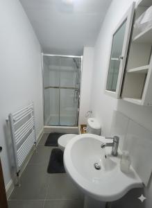 a white bathroom with a sink and a shower at Stylish Flat on Cowley a Walk to Oxford Centre in Oxford