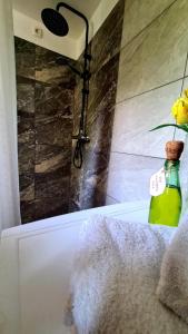 KršanにあるHouse Ivanaのシャワールームに置かれた緑色のボトルと花瓶