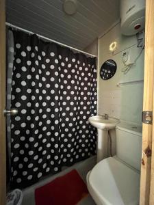 ein Bad mit einem Polka-Punkt-Duschvorhang und einem WC in der Unterkunft Complejo da Fortune in Barra de Portezuelo