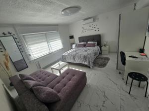 a bedroom with a bed and a couch and a table at ENA 1&2 apartments-free parking 2200 m2-truck,trailer,boats friendly-EASY D1 access in Karlovac