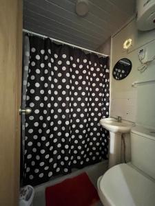 La salle de bains est pourvue d'un rideau de douche avec un point polka et de toilettes. dans l'établissement Da Fortuna 1, à Barra de Portezuelo