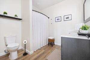 ジョンソンシティにあるNew construction 2nd level apartment * Downtown JCのトイレと洗面台を備えた白いバスルーム +24枚の写真