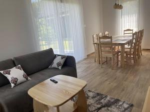 a living room with a couch and a table at Agroturystyka Nad Lasem - Domki w górach in Toporzysko