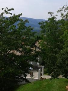 uma vista do jardim de uma casa com árvores em Apartment Bella Vista 2 em Buzet