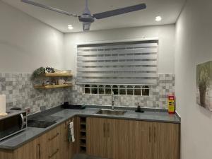 una cocina con fregadero y ventana en OB DELUXE Apartments 1, en Accra