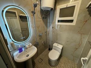 阿可贺巴Comfortable three-bedroom apartment in Olaya的浴室里有洗手池、马桶和镜子。