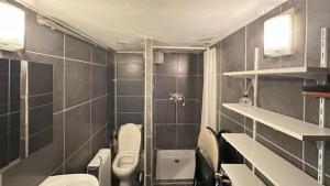 a small bathroom with two toilets and a shower at Cozy Lilas in Heusenstamm