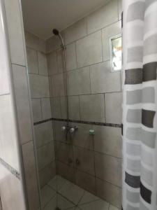 a shower with a glass door in a bathroom at Casa en La Caleta Normandita in Mar de Cobo