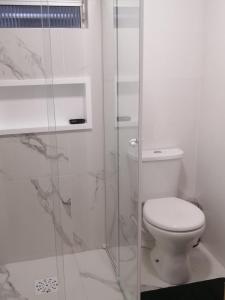 un bagno con wc e doccia in vetro di Lindo Apartamento no Centro de Rio Grande a Rio Grande