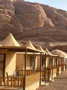 a row of tents in the desert at RUM FLORAA LUXURY CAMp in Wadi Rum