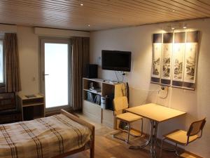 a bedroom with a bed and a table and a tv at Blonay Logis de Vacances 2 in Blonay