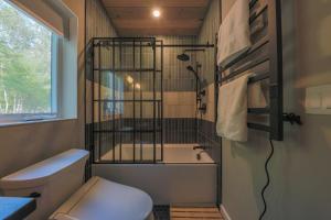 a small bathroom with a toilet and a sink at Cozy Luxury Cabin w Hot Tub, Fire Pit, King Bed in Newry +82 photos