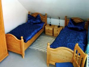 two twin beds in a room with blue sheets at Holiday home in Rügen with 3 bedrooms in Losentitz
