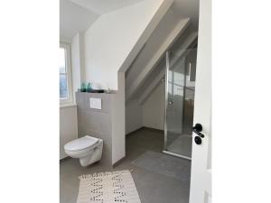 een badkamer met toilet en glazen douche bij 1-bedroom cottage in Hornsmühlen