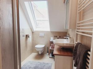 a bathroom with a toilet and a sink with a skylight at Holiday apartment with 2 bedrooms in Ratzeburg +14 photos