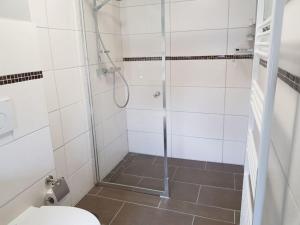 a bathroom with a shower and a toilet at Holiday apartment with 2 bedrooms in Langenwolmsdorf