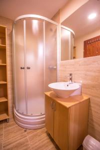 y baño con ducha y lavamanos. en Green House Hostel, en Belgrado