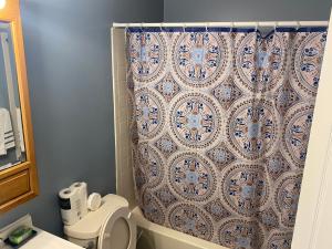 a bathroom with a toilet and a shower curtain at Guest Favorite in Upper Marlboro