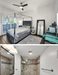 un dormitorio con una cama y un espejo en Woodland Hills Mediterranean Mansion Peaceful Garden Dream, en Woodland Hills