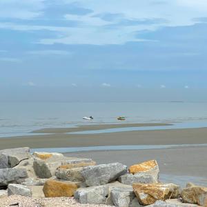 a group of rocks on a beach with the ocean at Swan, Private Pool Villa Bangsaen in Ban Thai Don (1)