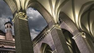 a view of a cathedral with a clock tower at Hostal La Vega in Peralejos