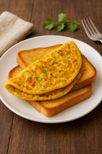 two omelets on a white plate with toast at Vinayaka in Patna