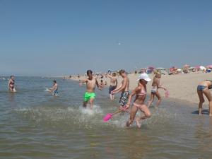 a group of people playing in the water at the beach at ´t Wapen van Marion in Oostvoorne
