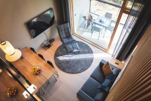 Una vista aérea de una sala de estar con un perro mirando por la ventana. en Stay North - Hilltop Gielas, en Kittilä