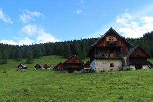 a group of wooden barns in a grassy field at Ferienwohnung Liana in Hermagor