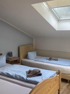 Dos camas en una habitación con tragaluz. en Bergschlössl - Massionettwohnung 16, en Oberaudorf