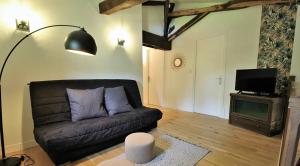 a living room with a couch and a tv at Maison Forte DES GRANDS MAISONS in Cogny