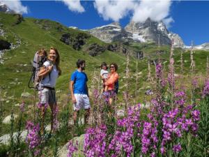 a group of people standing in a field of flowers at A Cozy Alpine Retreat in Antey-Saint-André