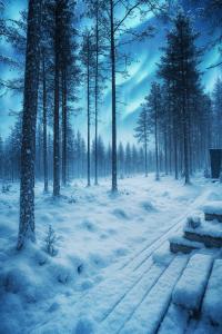 a snow covered forest with trees and a bench at Lapelland Village - Riverside Village with a Nature View, Fireplace, Sauna, Kitchen in Äkäslompolo +20 photos