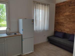 a kitchen with a refrigerator and a couch and a window at Дом с террасой in Petrivs'ke