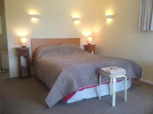 a bedroom with a bed with two lights on the wall at Sleep on the Steepest Street in the World! in Dunedin