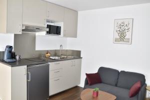 a kitchen and a living room with a couch and a table at Zen Cottage - Centre ville in Brest +9 photos