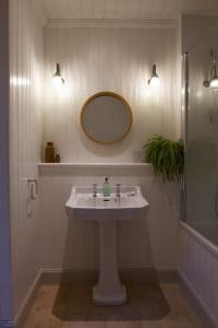 une salle de bain avec un lavabo, un miroir et une douche dans l'établissement Torran Cottage, à Achnashellach Station